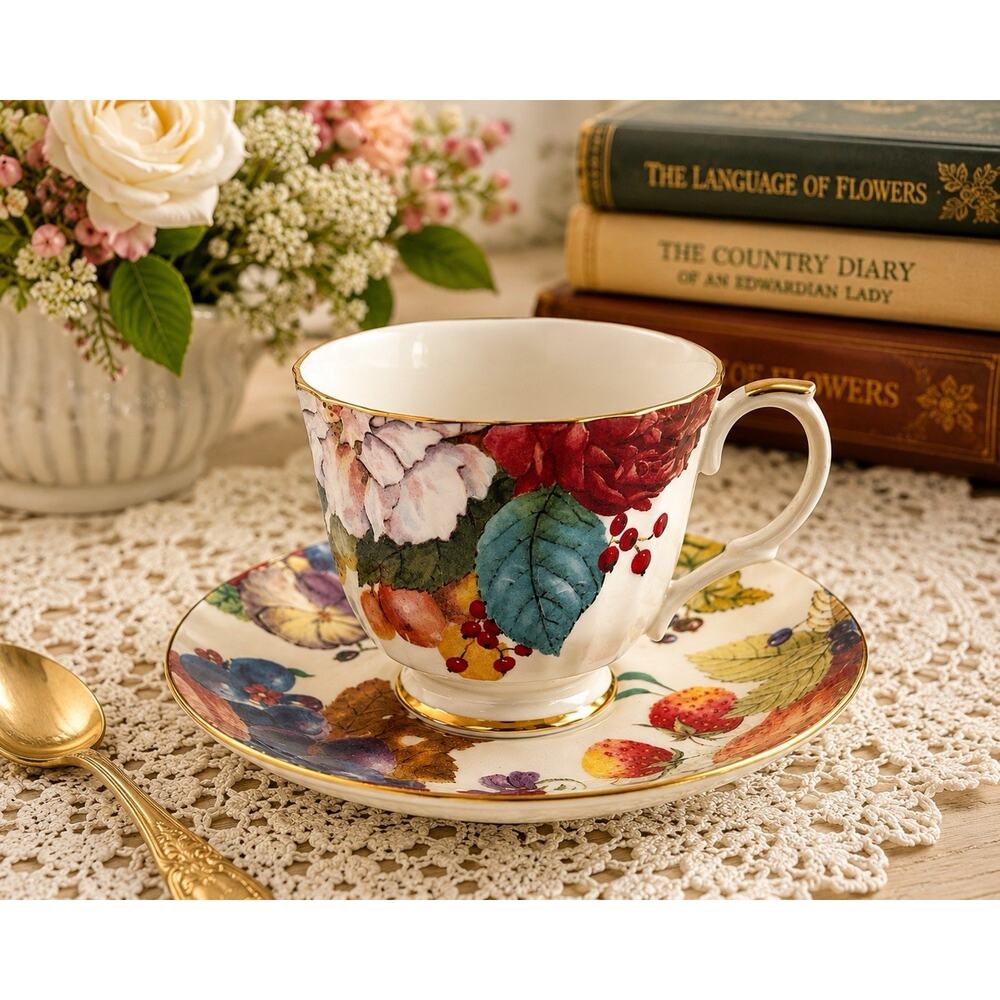 Duchess Fine Bone China England Teacup Saucer Set Fruit Floral Gold Trim